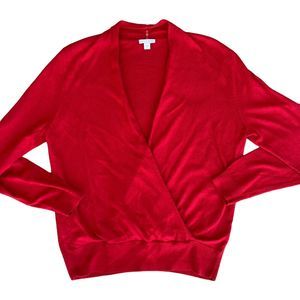 J Jill Size Medium Red Wrap Sweater Cotton Wool Silk Blend Long Sleeve V Neck